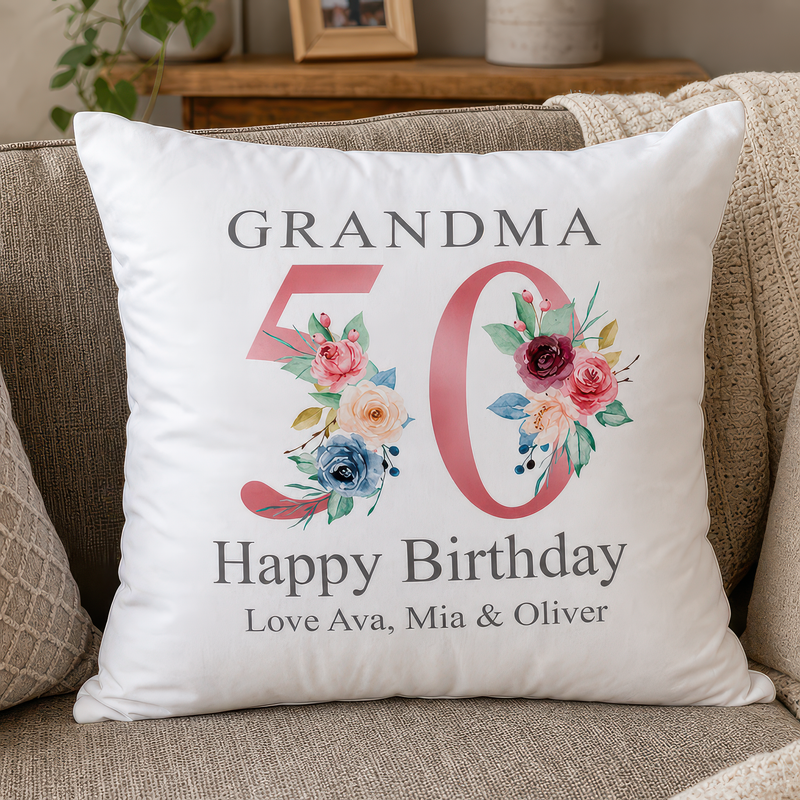 Personalised Floral Number Fifty Cushion with Name and Family Names - alternative view