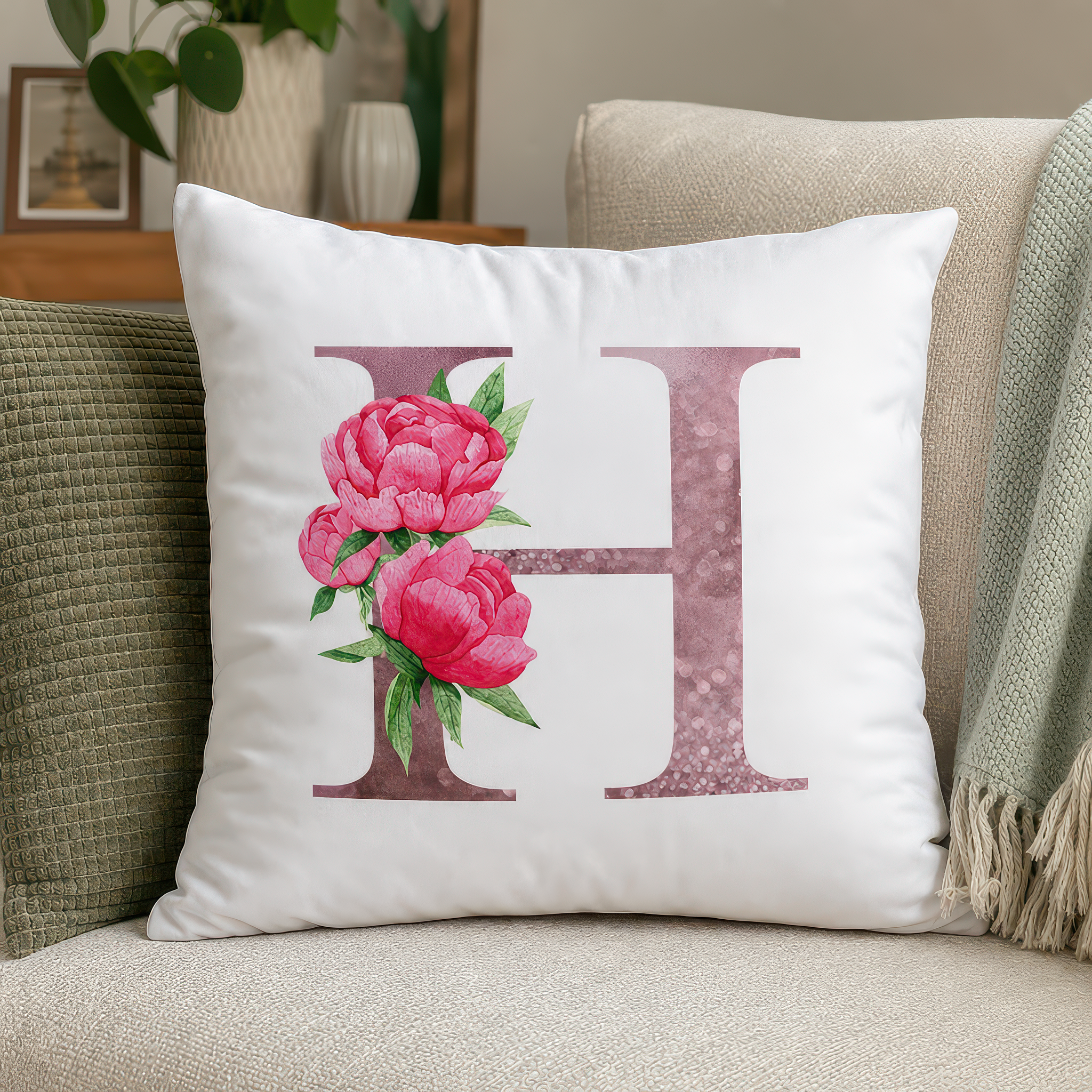 Personalised Pink Floral Initial Cushion with Insert - alternative view