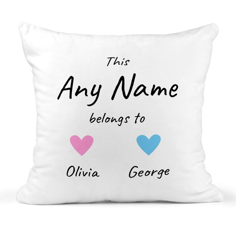 Personalised This Belongs To Heart Cushion with Title and Names
