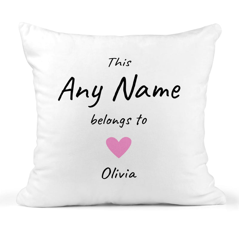 Personalised This Belongs To Heart Cushion with Title and Names