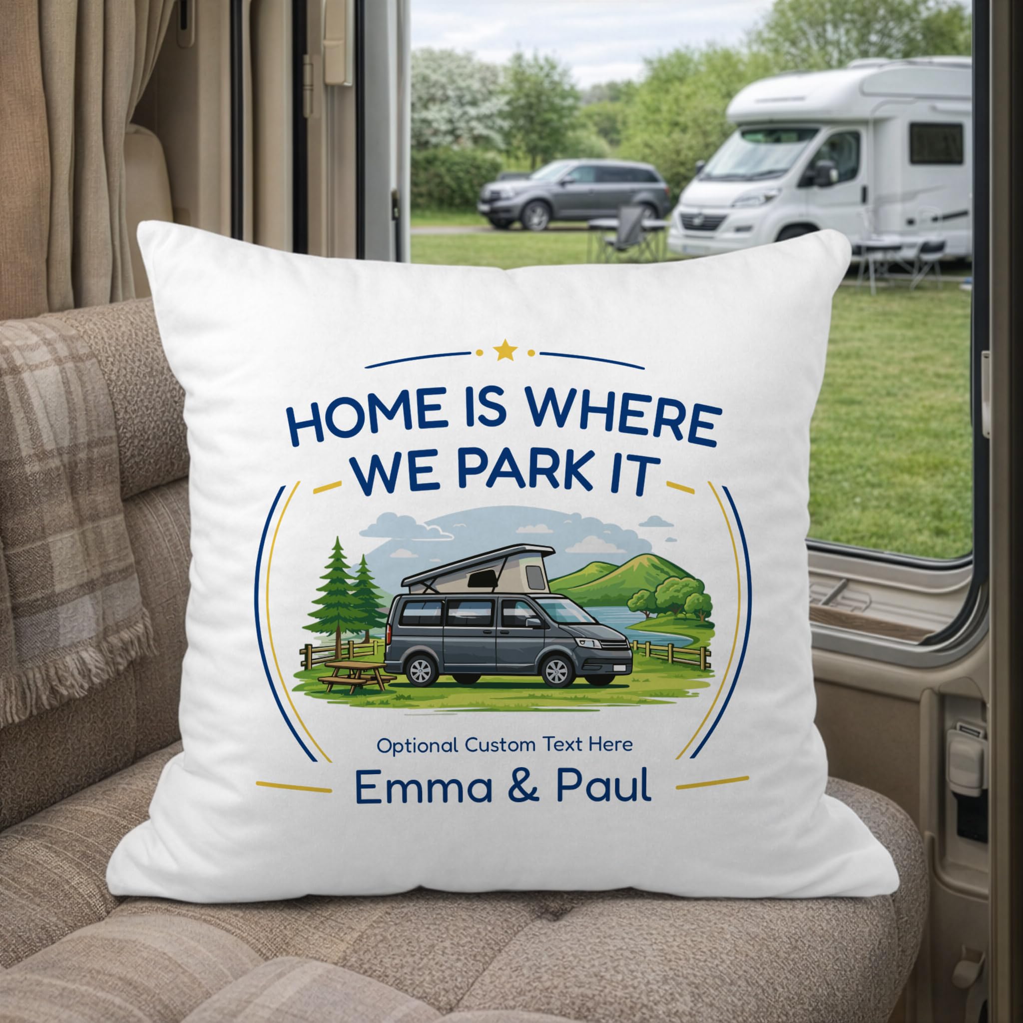 Personalised Pop-Top Campervan Cushion with Names and Message