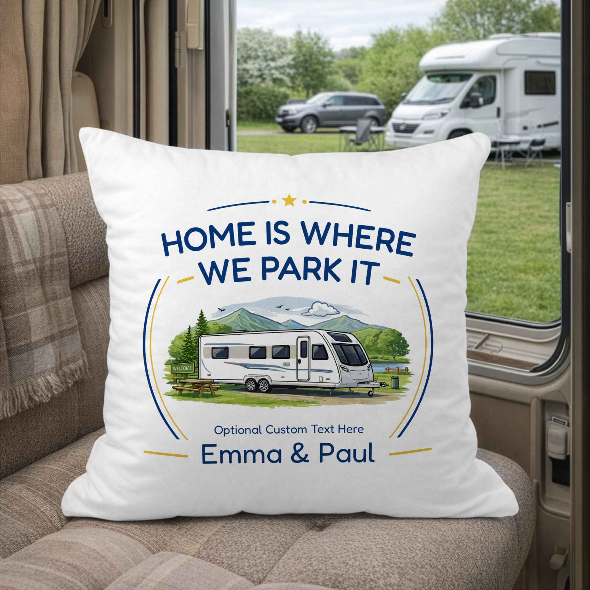 Personalised Twin-Axle Caravan Cushion with Names and Message