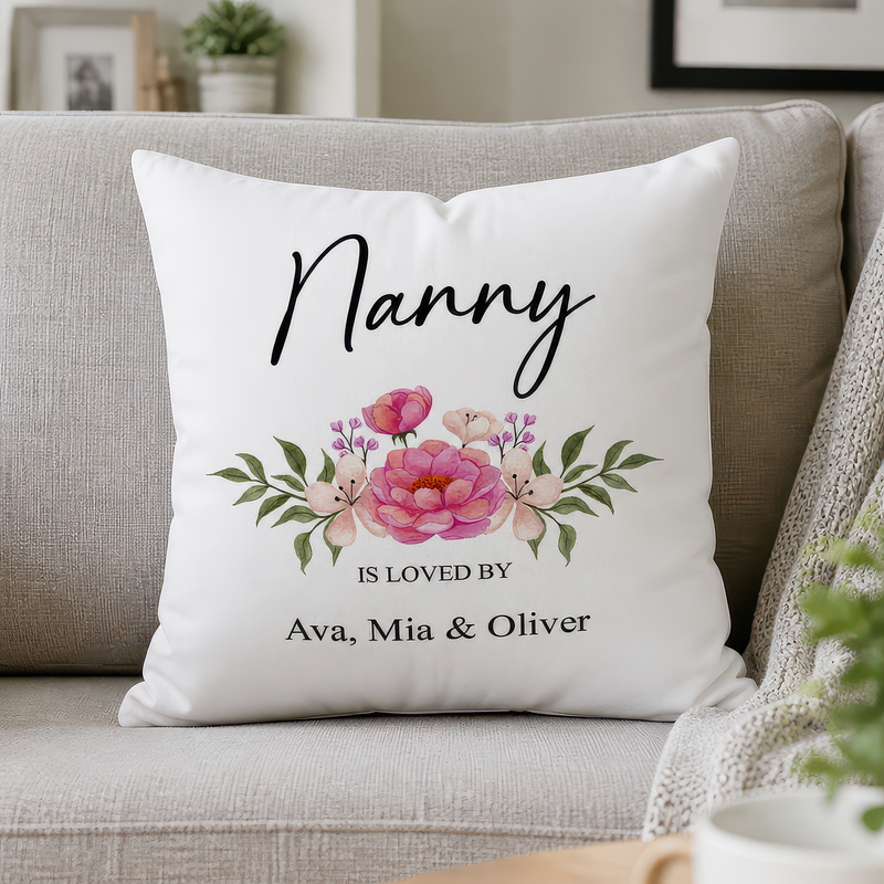Personalised Nanny Is Loved by Floral Cushion