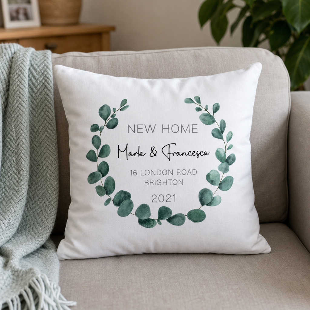 Personalised New Home Eucalyptus Cushion