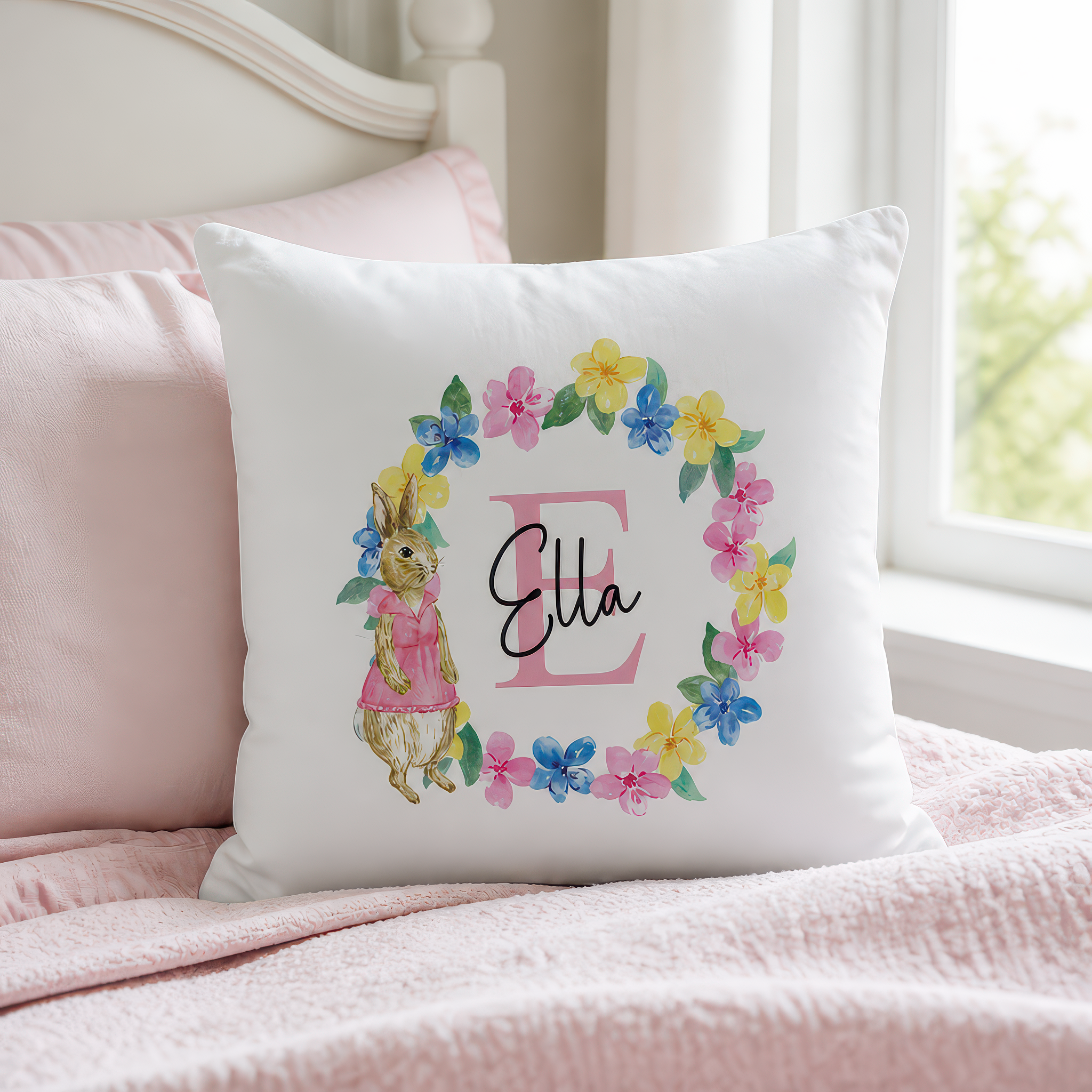 Personalised Pink Rabbit Cushion with Initial