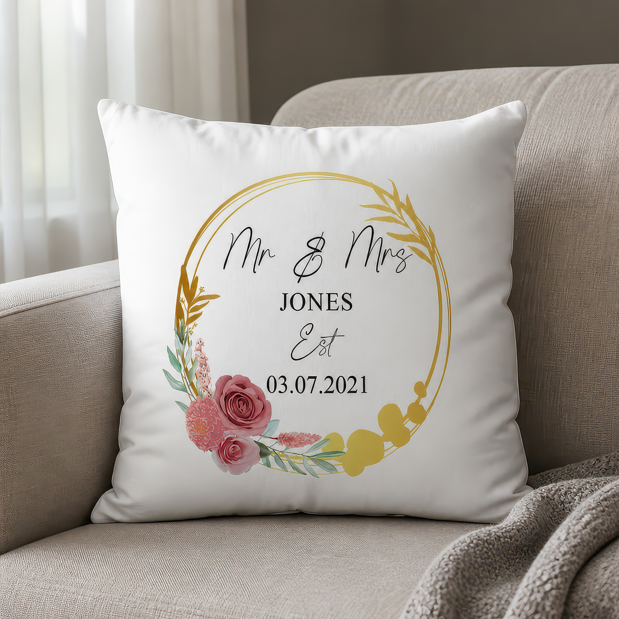 Personalised Gold Wedding Circle Cushion