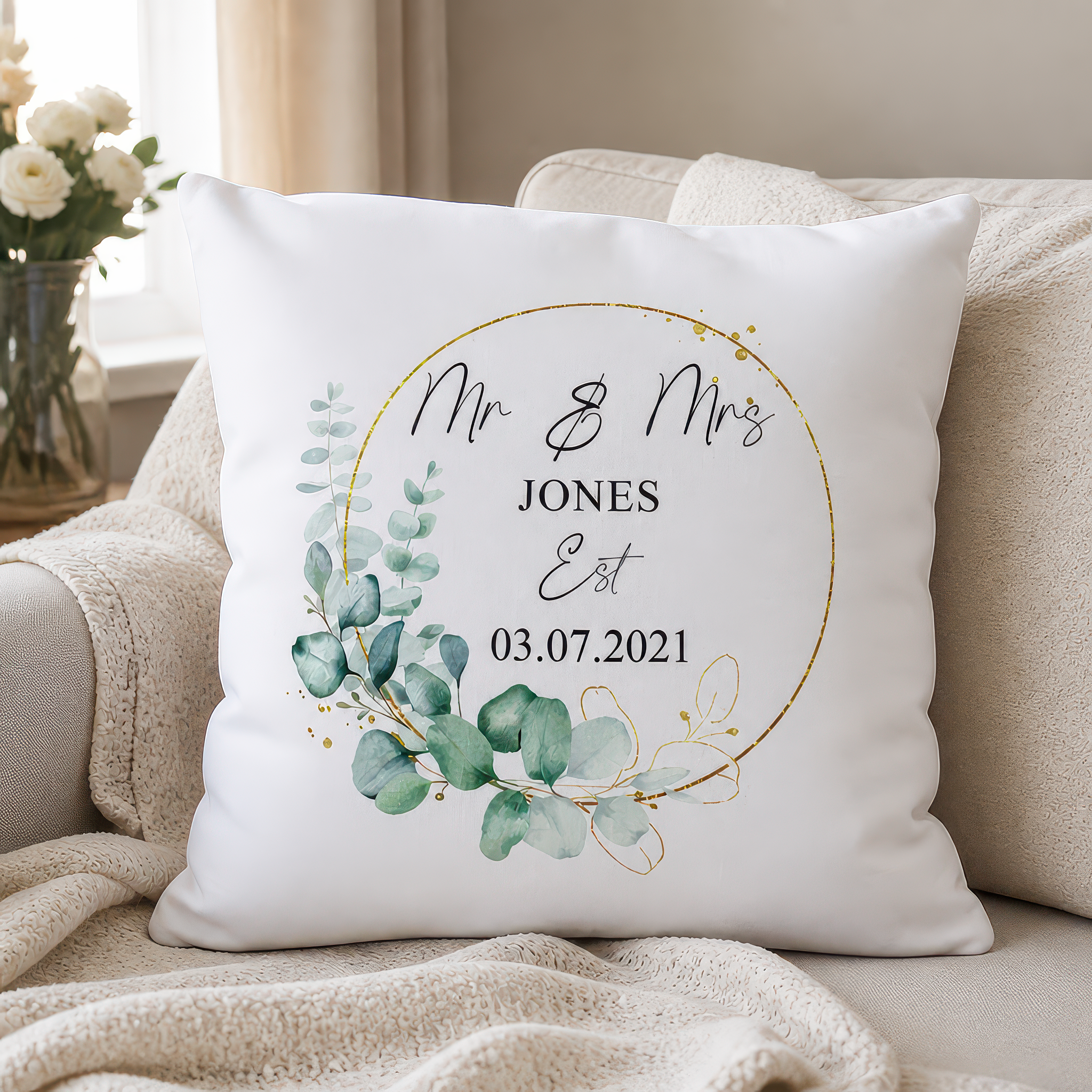 Personalised Gold Eucalyptus Wedding Cushion