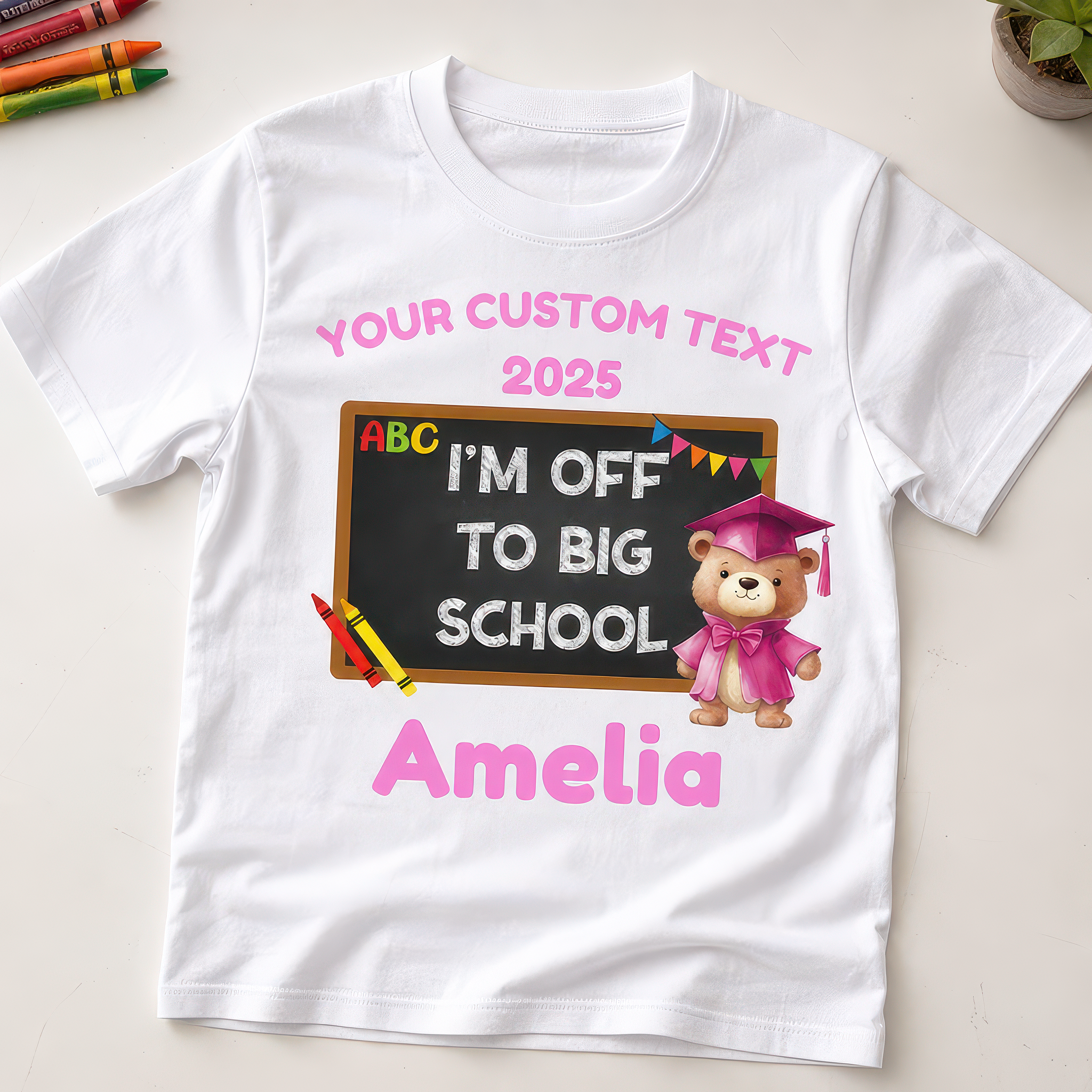 Personalised Big School Teddy Pink Bear T-Shirt with Name - alternative view