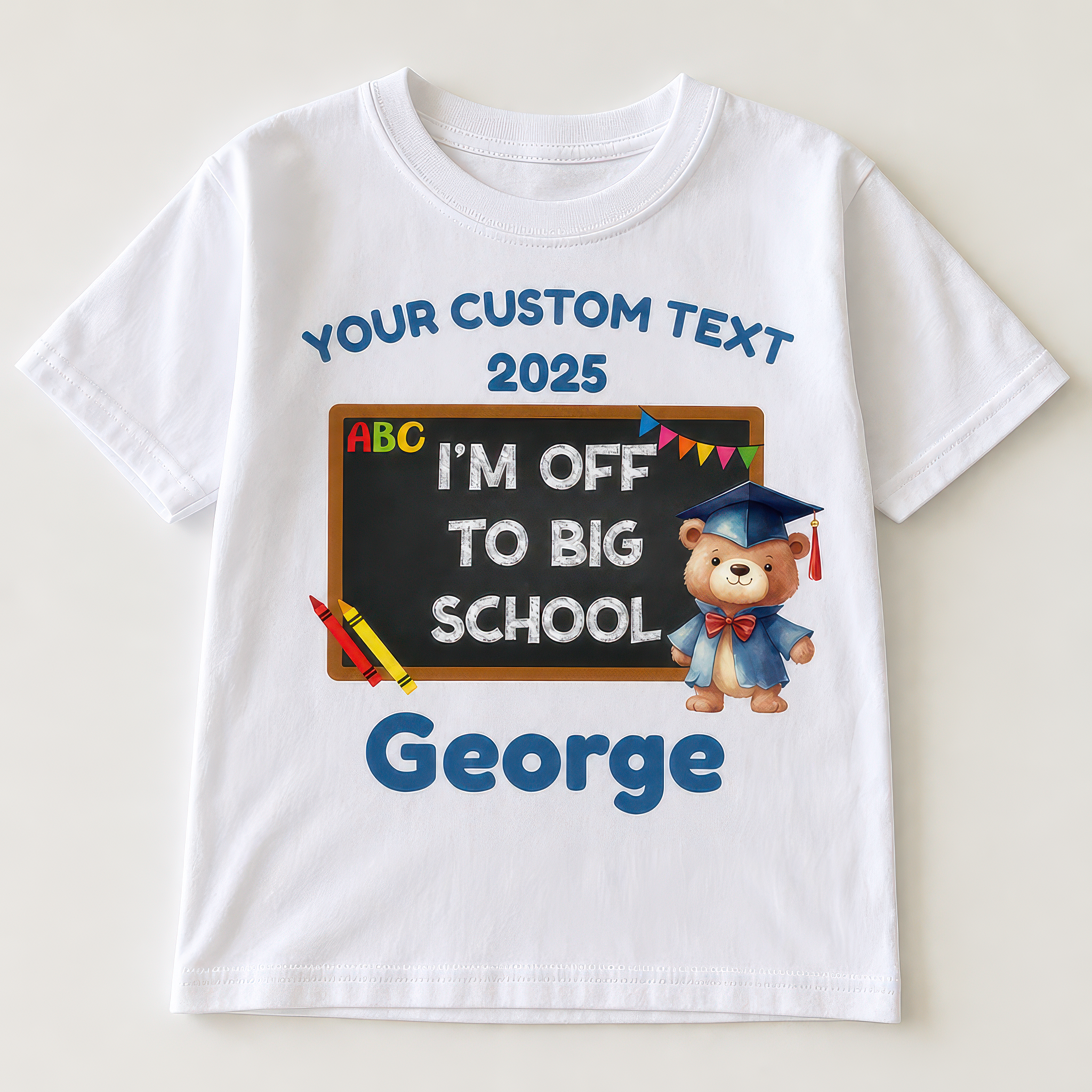 Personalised Blue I'm Off to Big School Teddy Design T-shirt with Name - alternative view