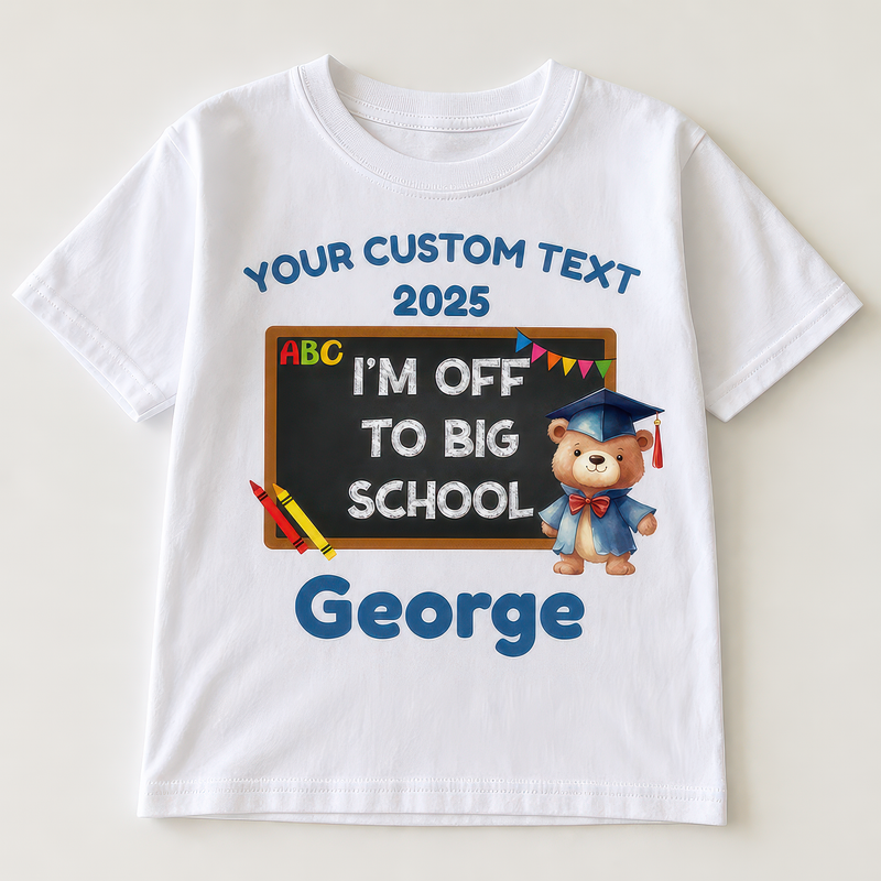 Personalised Blue I'm Off to Big School Teddy Design T-shirt with Name - alternative view