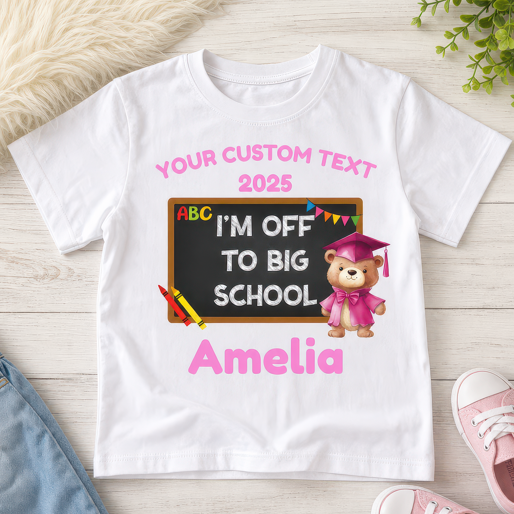 Personalised Pink I'm Off to Big School Teddy Design T-shirt with Name - alternative view