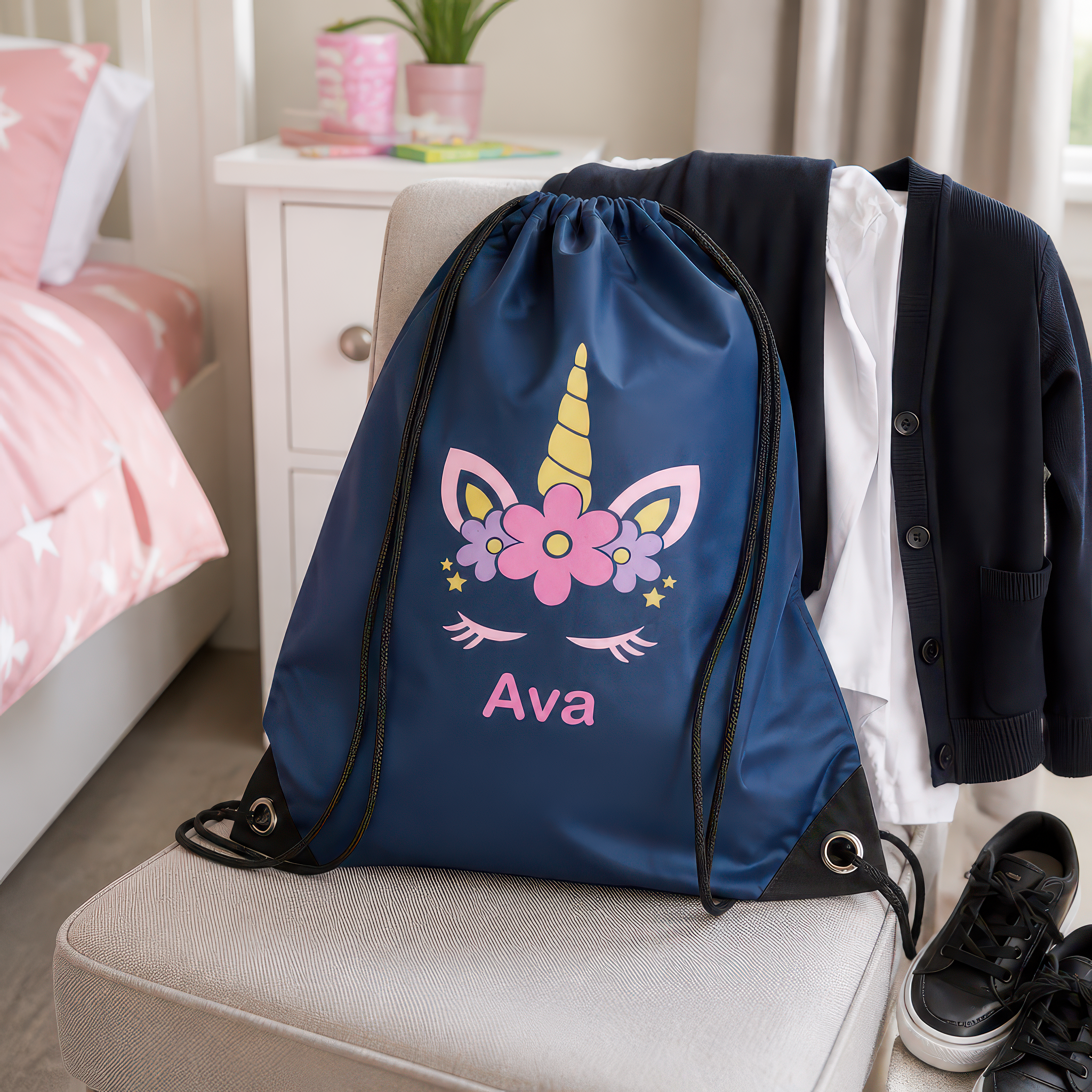 Personalised Unicorn Navy with Name Drawstring Bag for Back to School