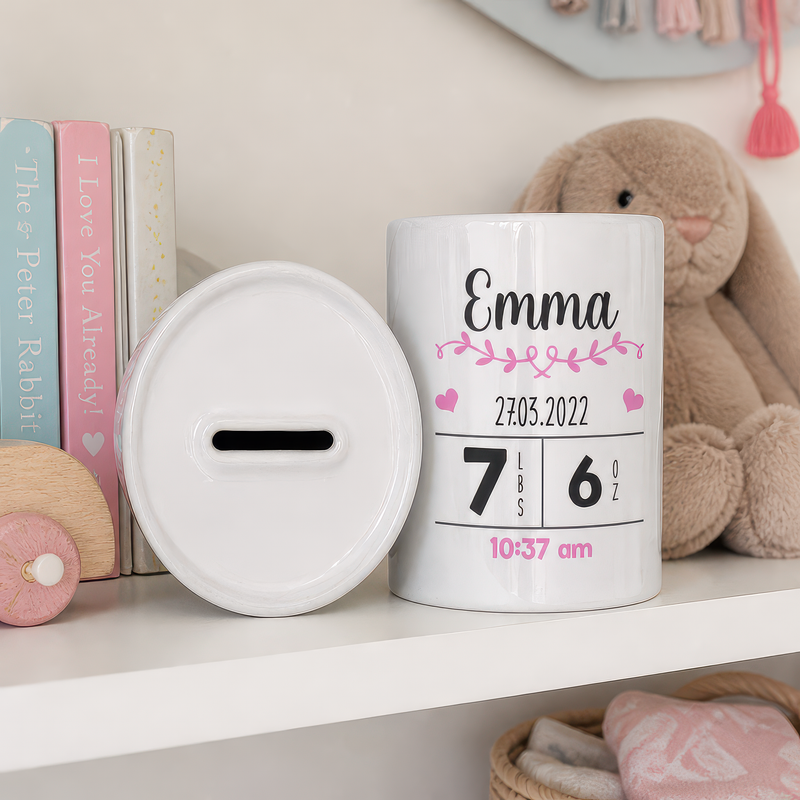 Personalised Baby Girl Birth Details Money Box
