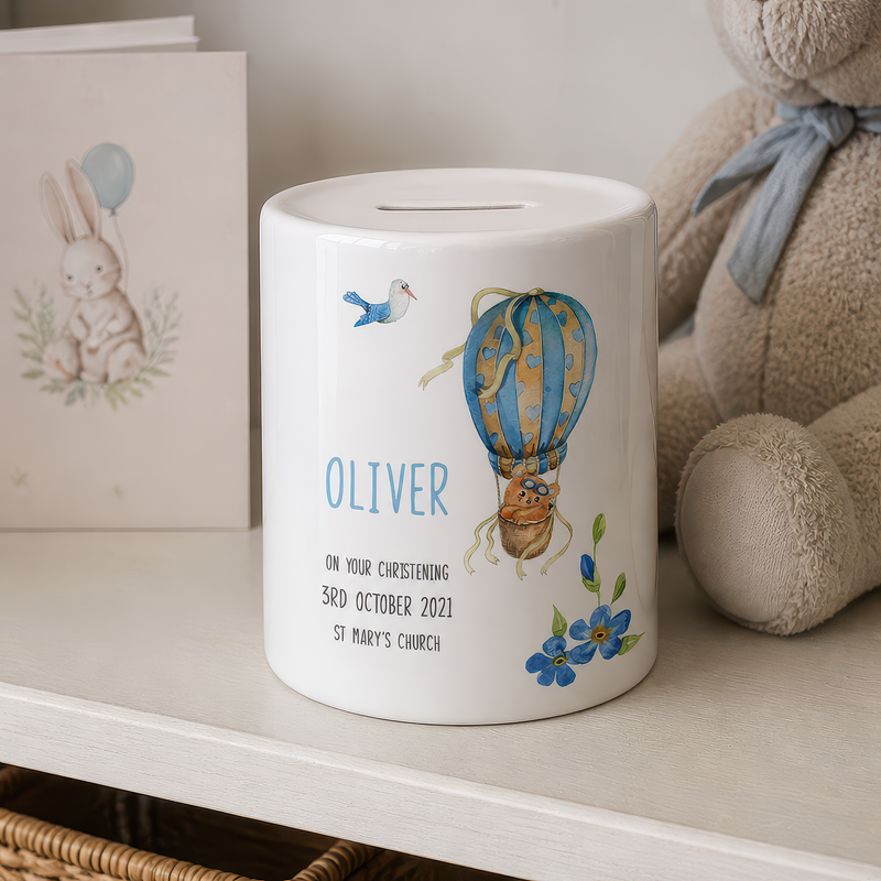 Personalised Blue Balloon Christening Money Box