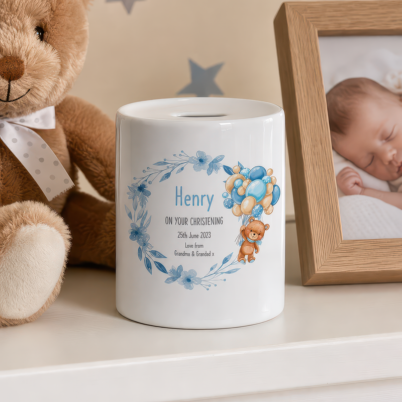 Personalised Blue Teddy Christening Money Box with Name and Date - alternative view
