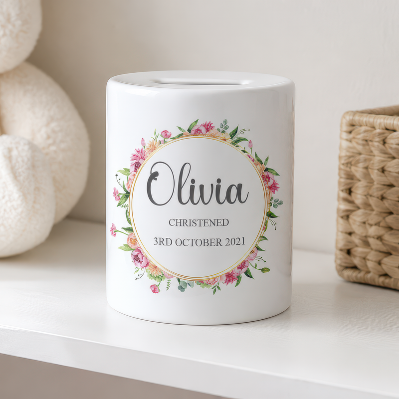 Personalised Gold Floral Christening Money Box