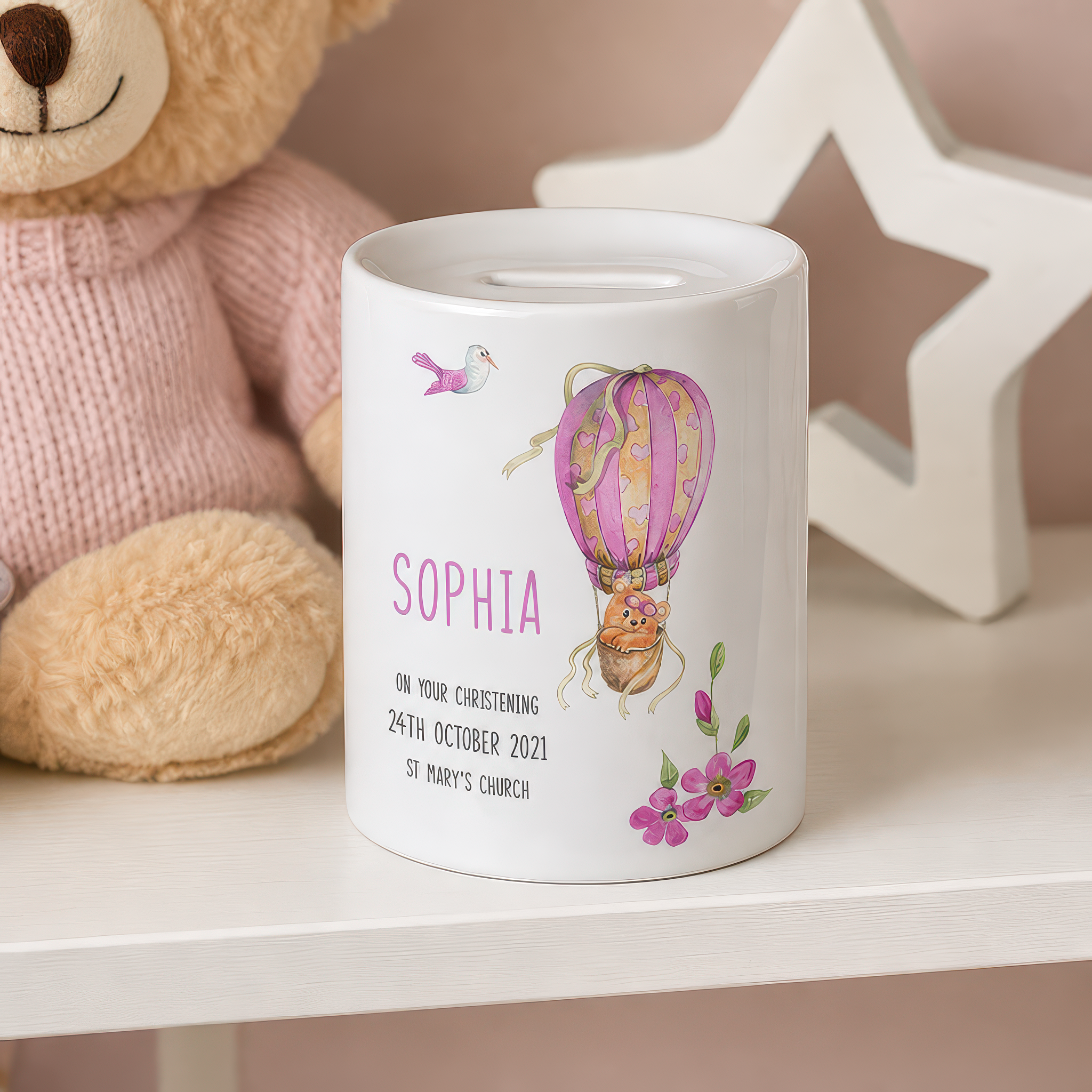 Personalised Pink Balloon Christening Money Box - alternative view