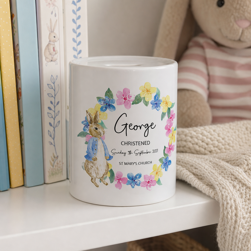 Personalised Blue Rabbit Christening Money Box
