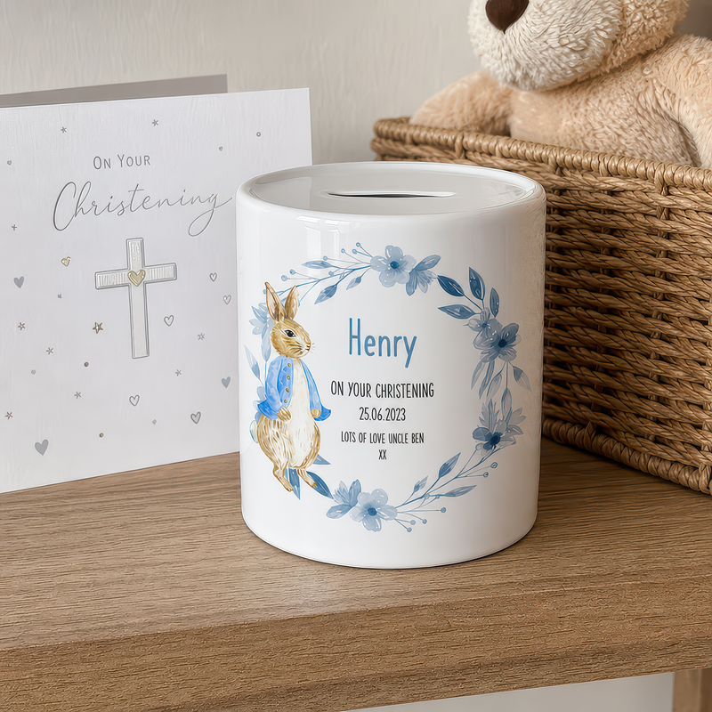 Personalised Blue Bunny Wreath Christening Money Box - alternative view
