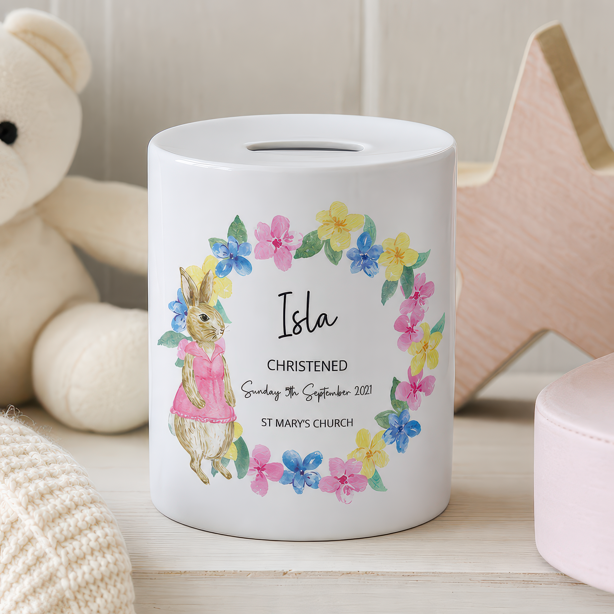 Personalised Bunny Christening Money Box - alternative view