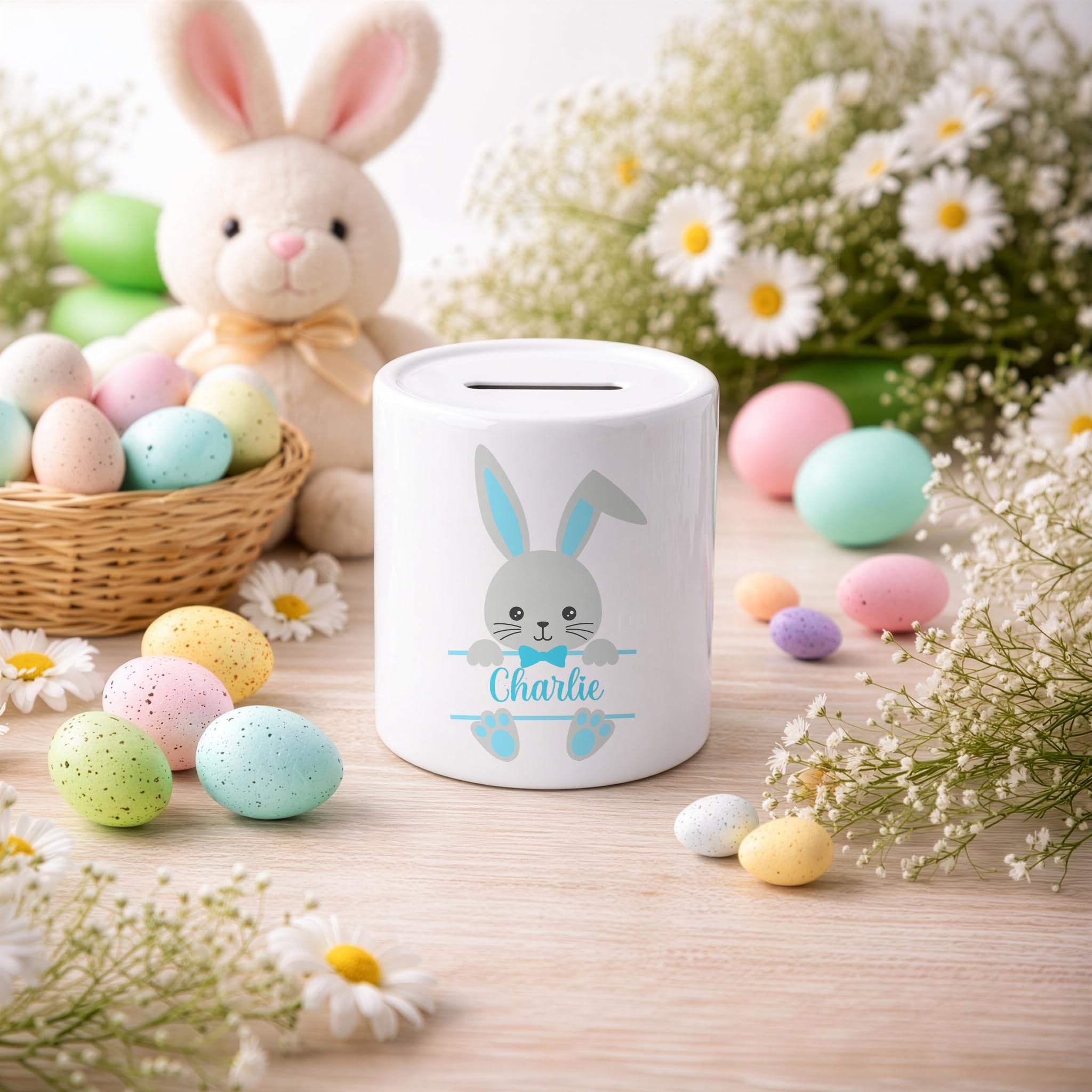 Personalised Easter Bunny Money Box with Name - Blue