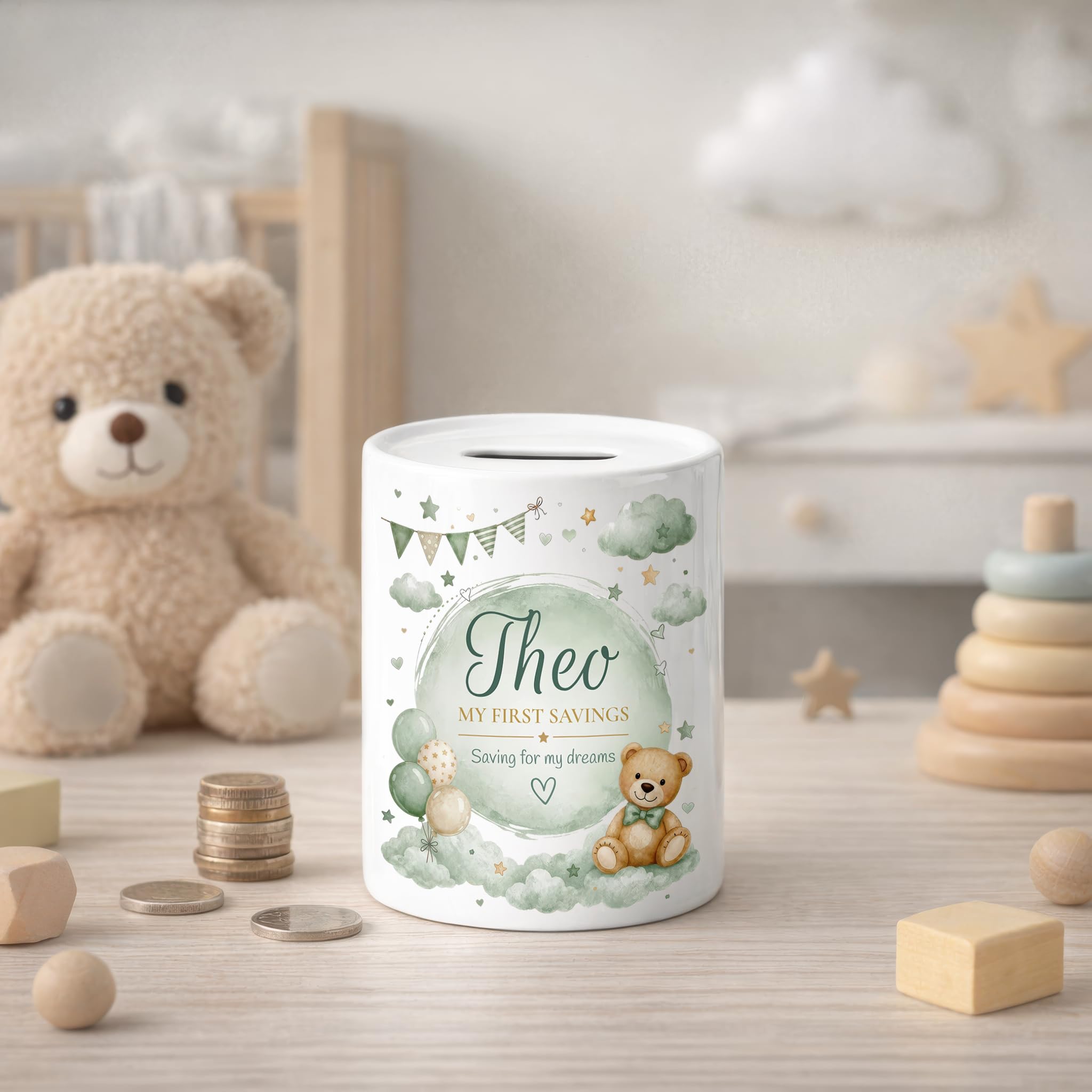 Personalised Sage Green Teddy Bear Money Box with Name and Message