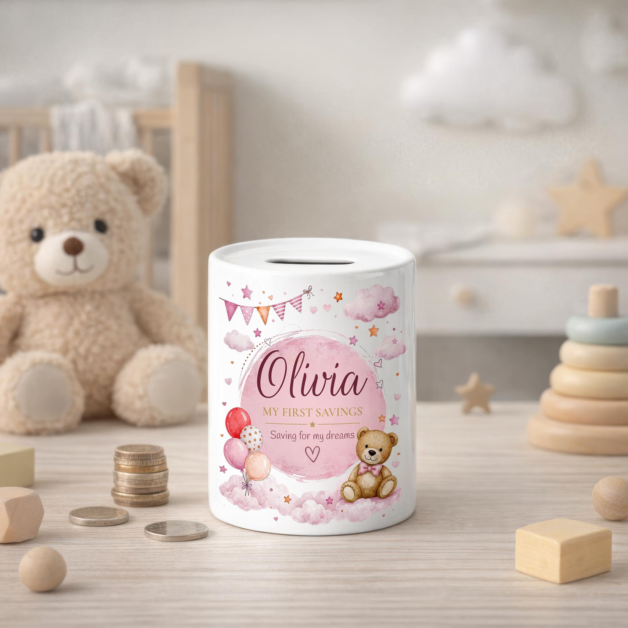 Personalised Pink Teddy Bear Money Box with Name and Message
