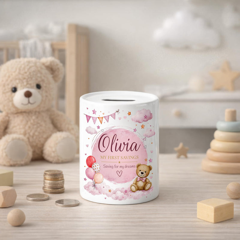 Personalised Pink Teddy Bear Money Box with Name and Message