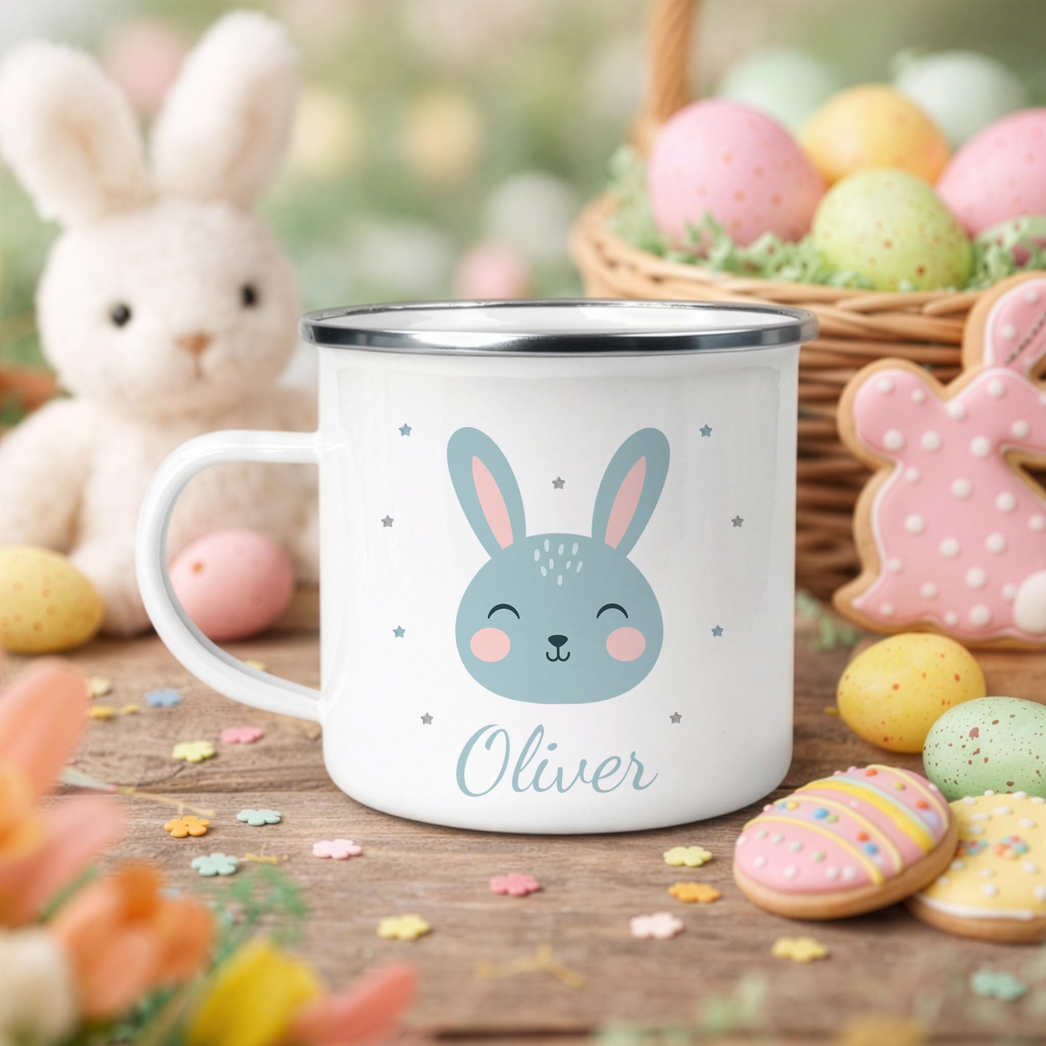 Personalised Blue Bunny Enamel Easter Mug with Name