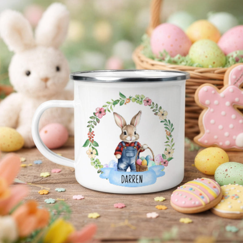 Personalised Blue Easter Bunny Enamel Mug with Name