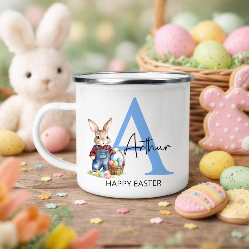 Personalised Easter Initial Enamel Mug with Name - Blue