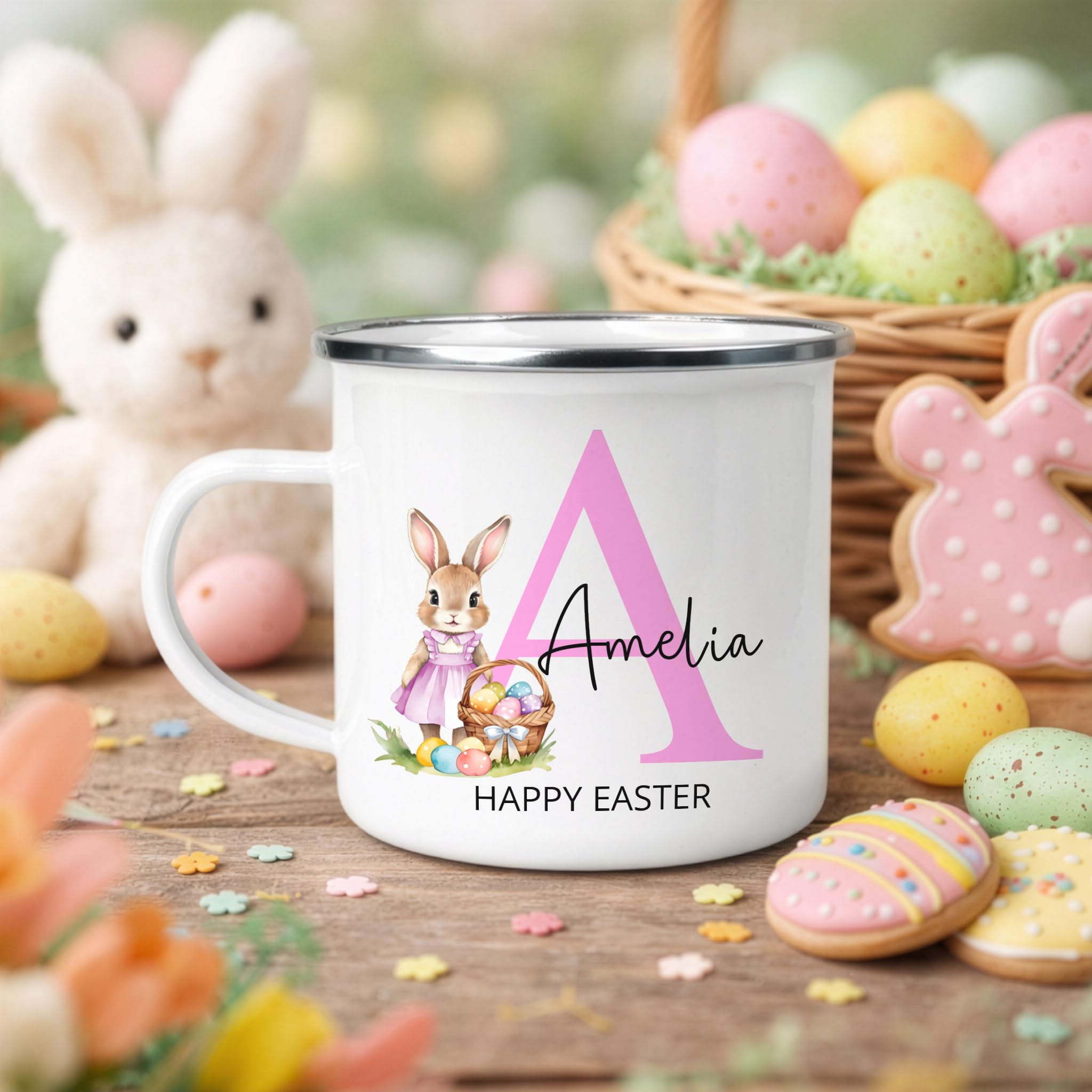 Personalised Easter Initial Enamel Mug with Name - Pink