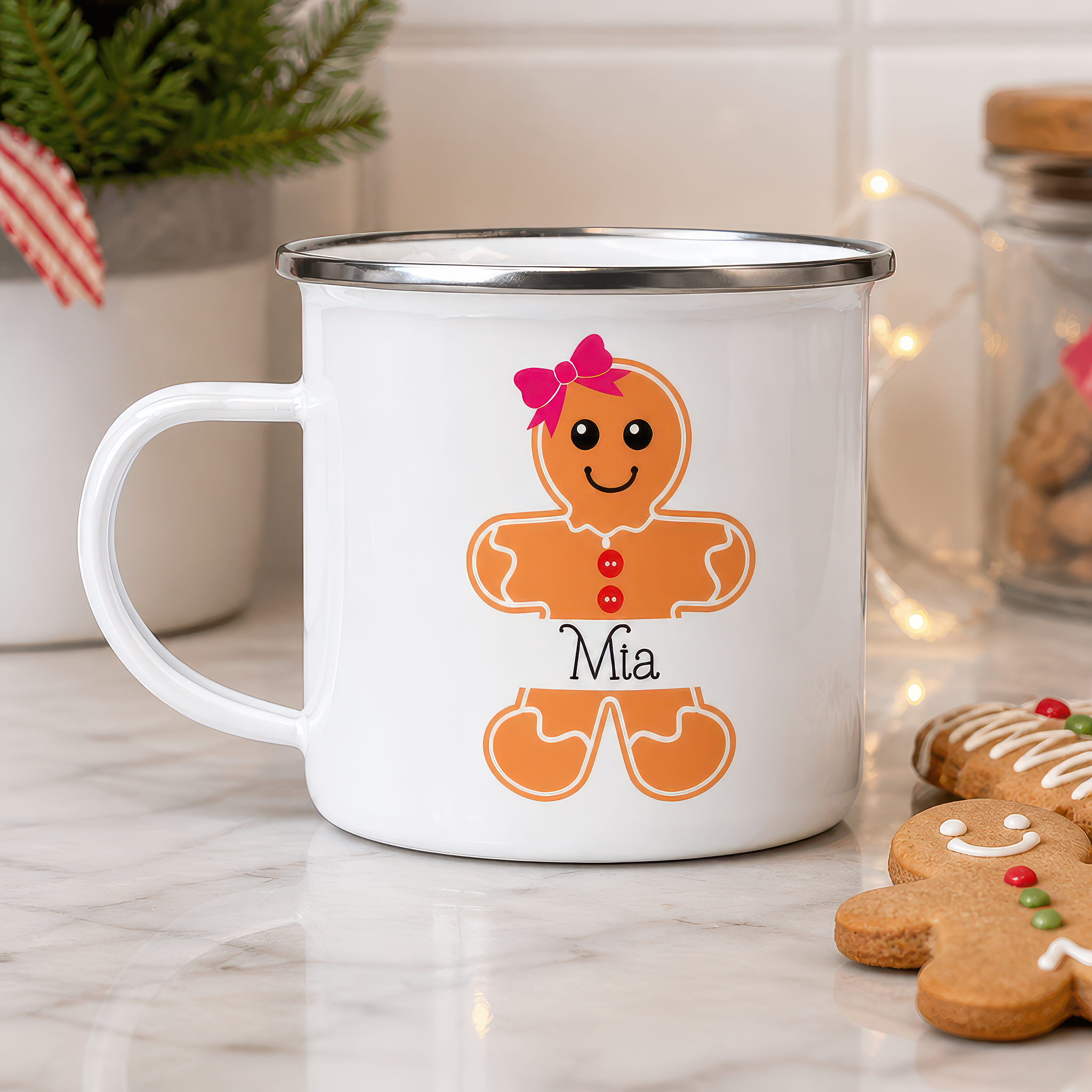 Personalised Gingerbread Girl Enamel Mug with Name