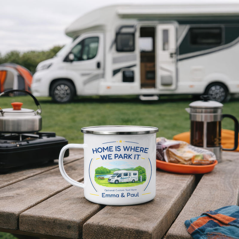 Personalised Low Profile Home Is Where We Park It Camping Mug with Name
