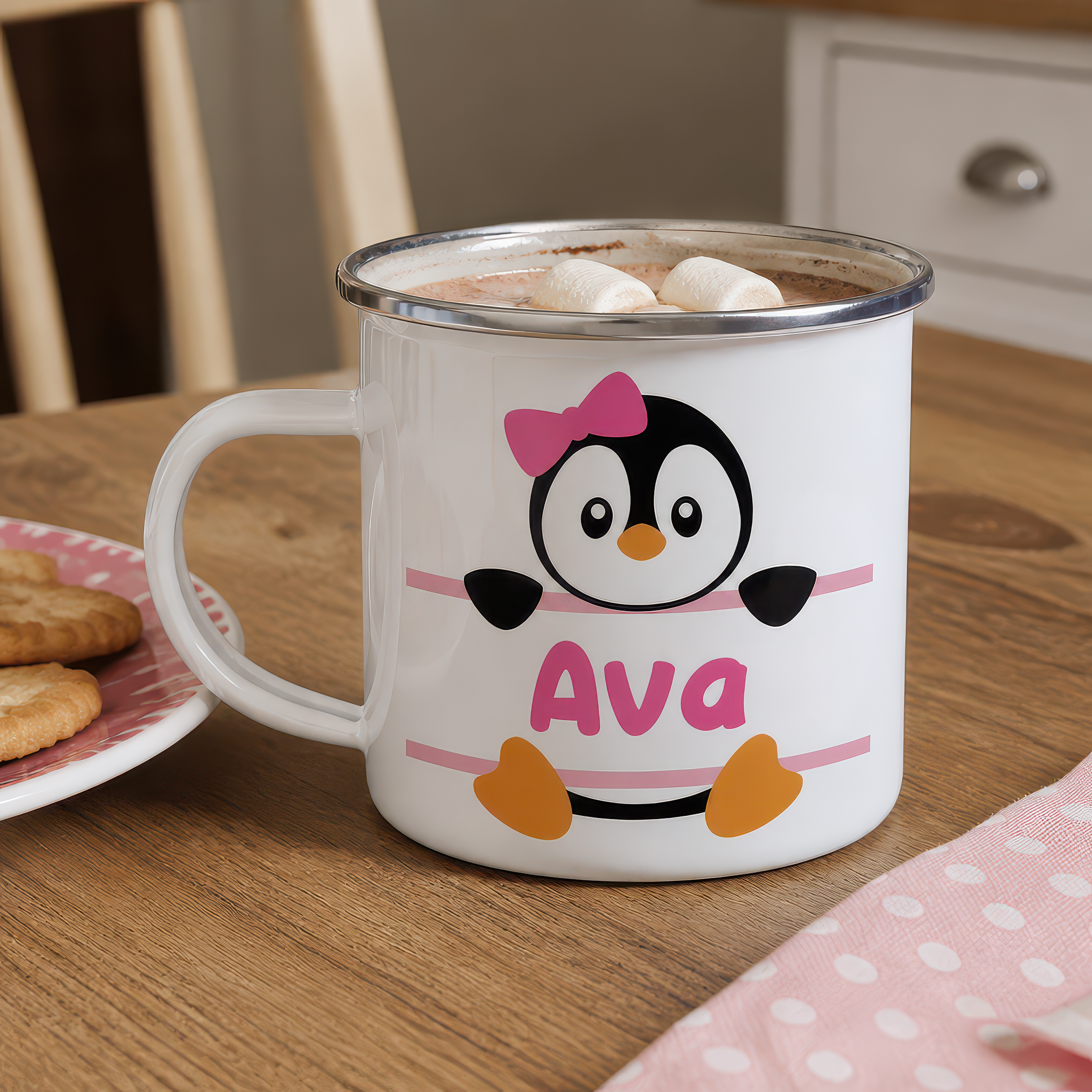 Personalised Penguin Enamel Mug in Pink, Blue or Grey