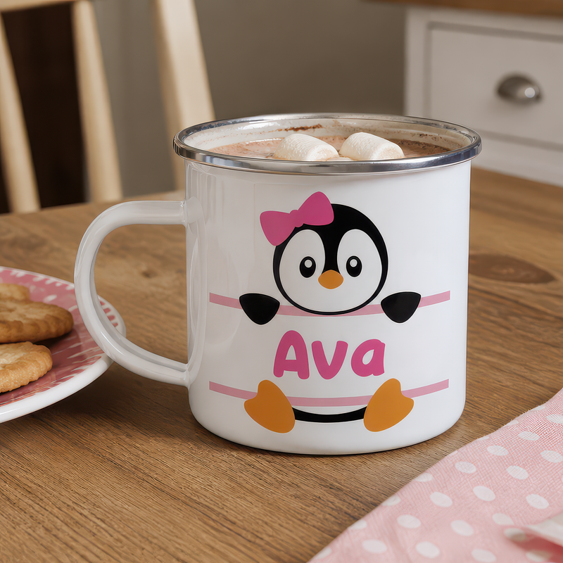 Personalised Penguin Enamel Mug in Pink, Blue or Grey