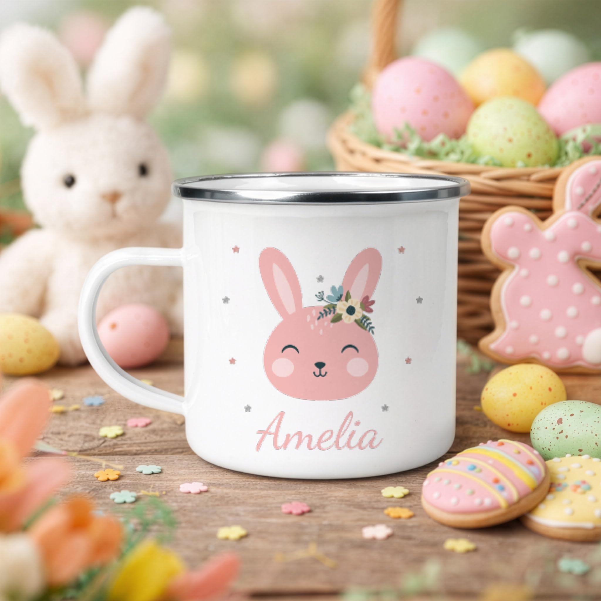 Personalised Pink Bunny Enamel Easter Mug with Name