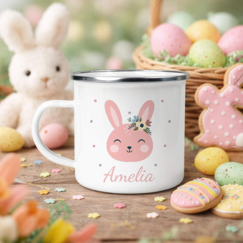 Personalised Pink Bunny Enamel Easter Mug with Name