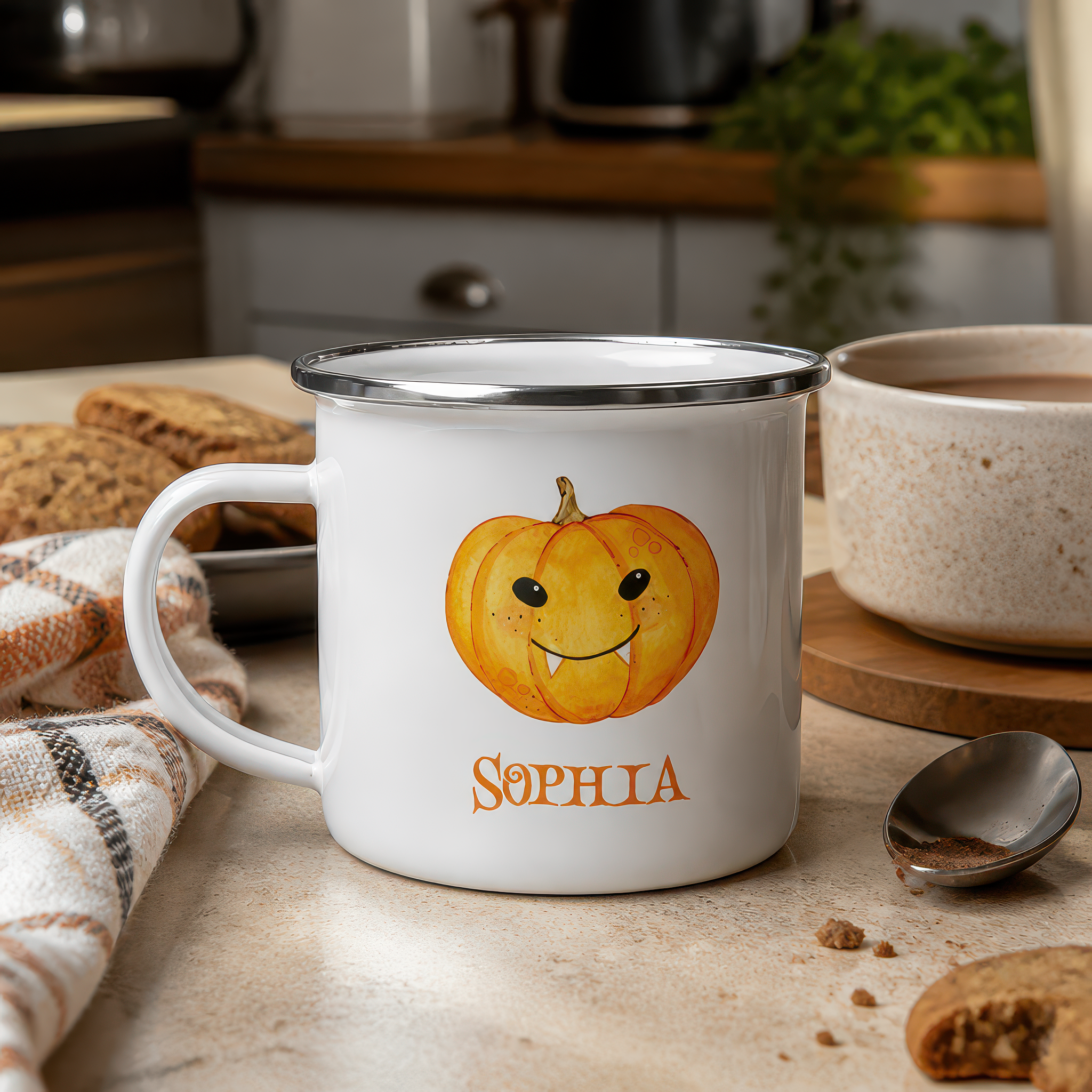 Personalised Pumpkin Halloween Enamel Mug with Name