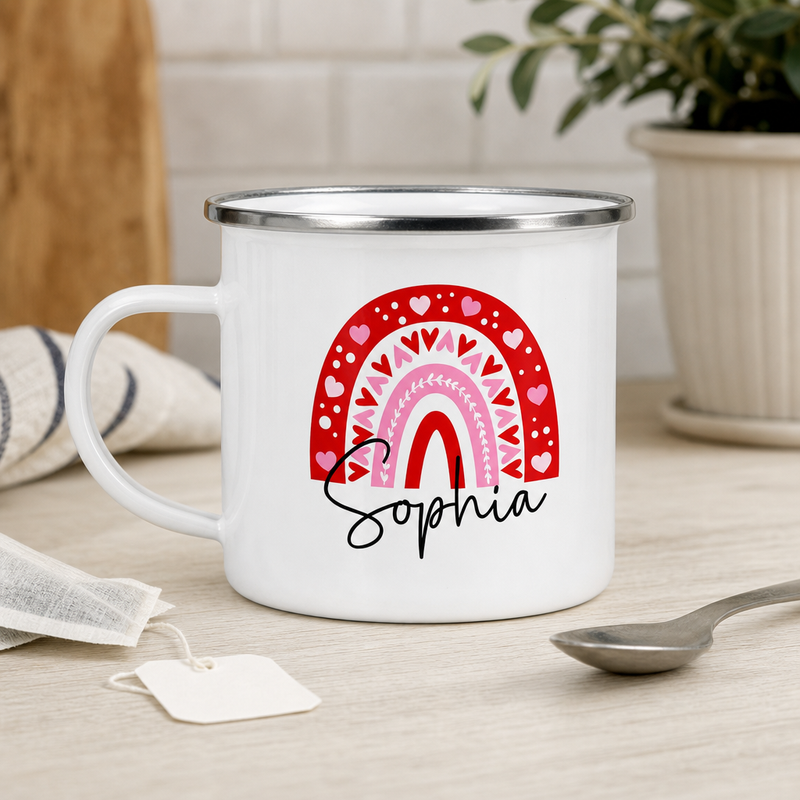 Personalised Rainbow Heart Enamel Mug with Name