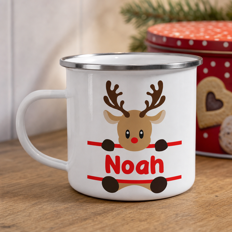 Personalised Reindeer Enamel Mug in Pink, Blue or Red
