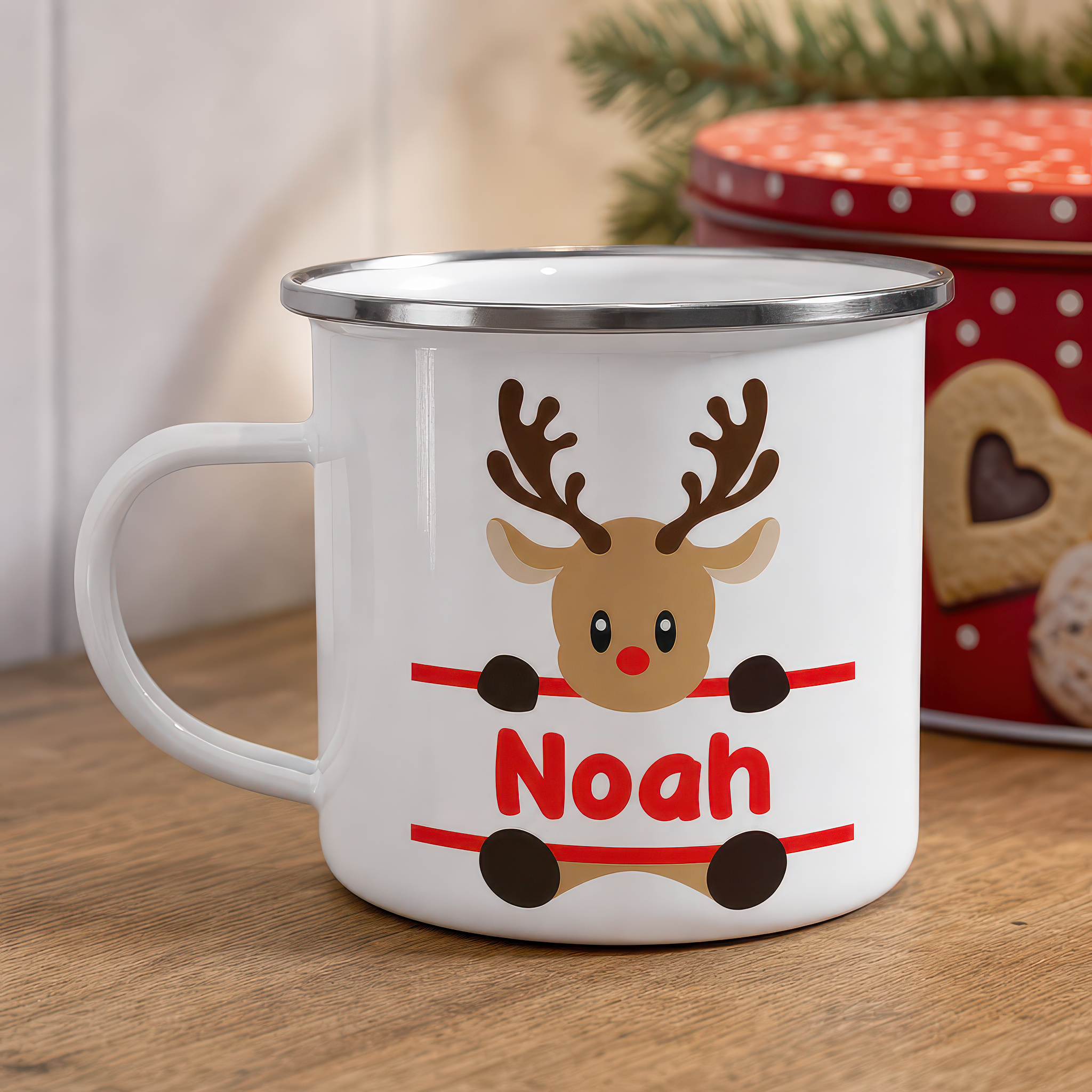 Personalised Reindeer Enamel Mug in Pink, Blue or Red - alternative view