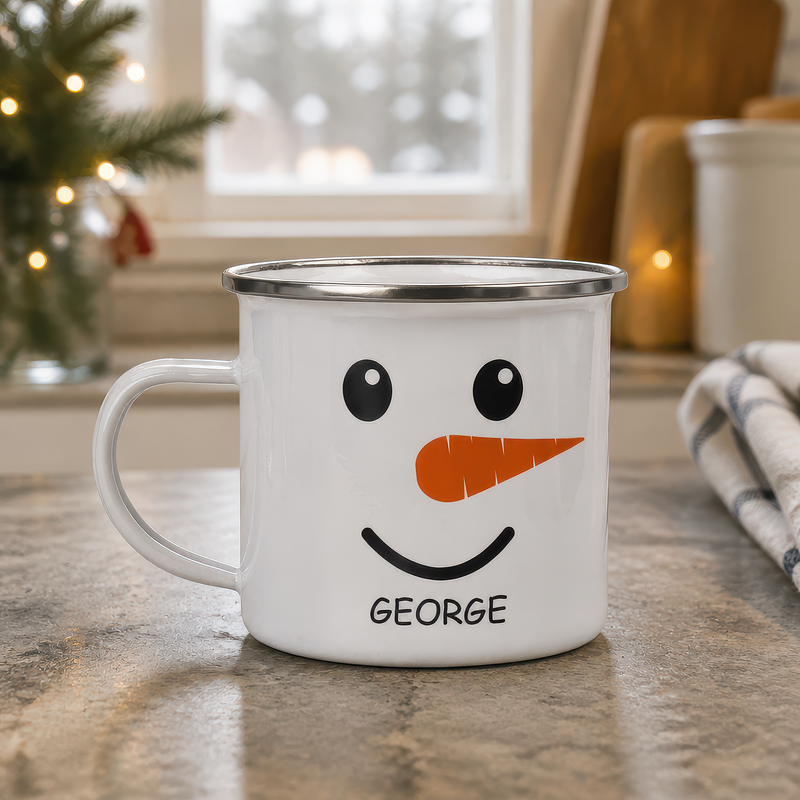 Personalised Snowman Enamel Mug with Name