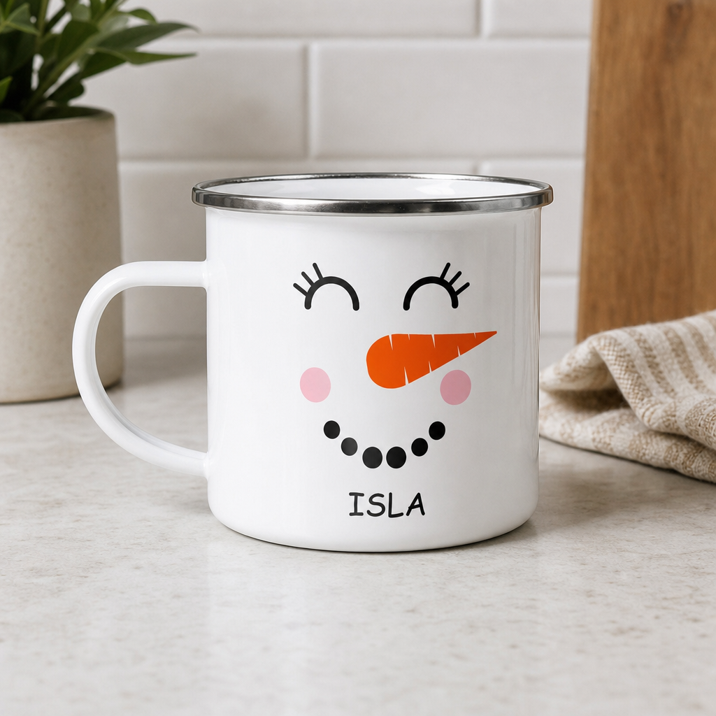 Personalised Snowwoman Face Enamel Mug with Name