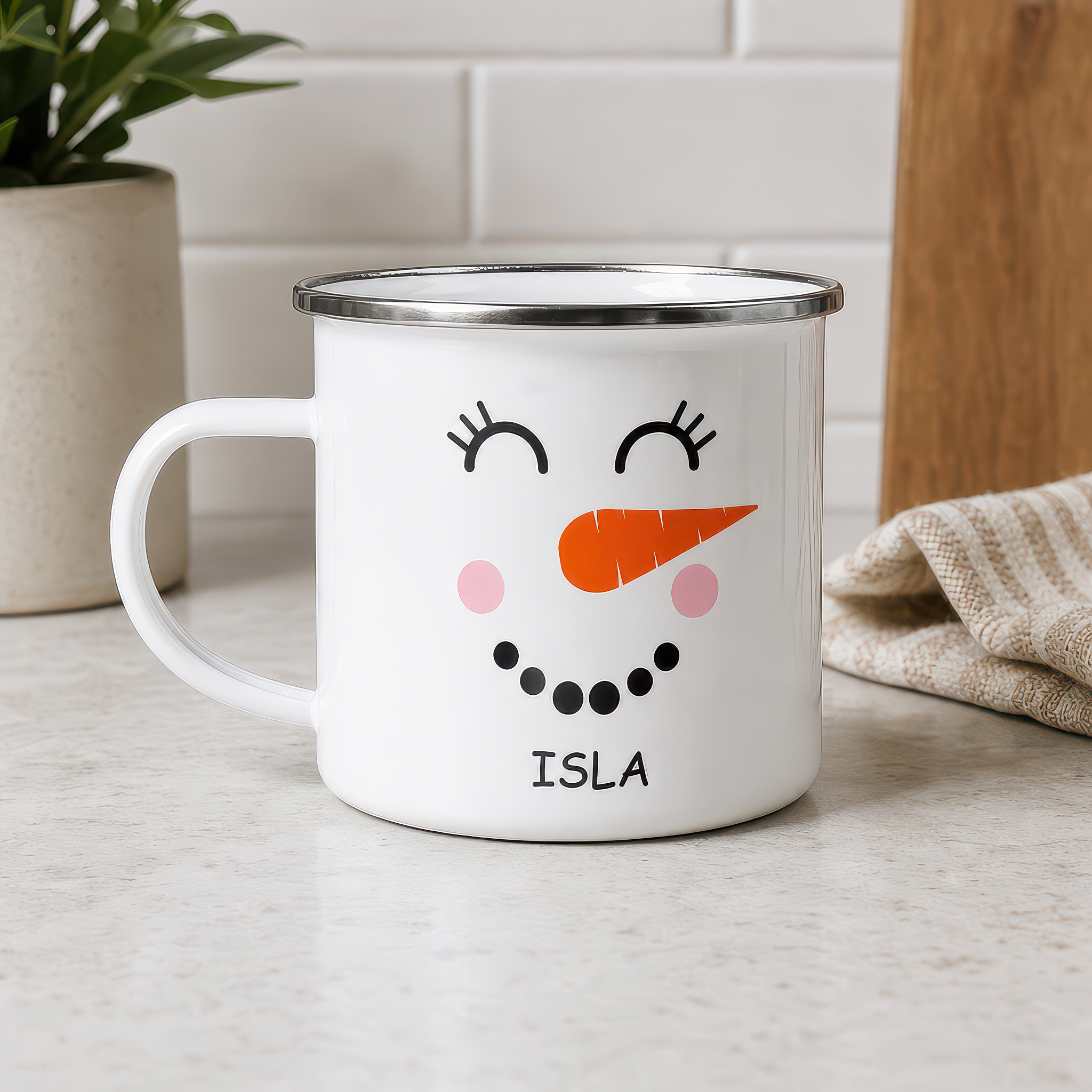 Personalised Snowwoman Face Enamel Mug with Name - alternative view