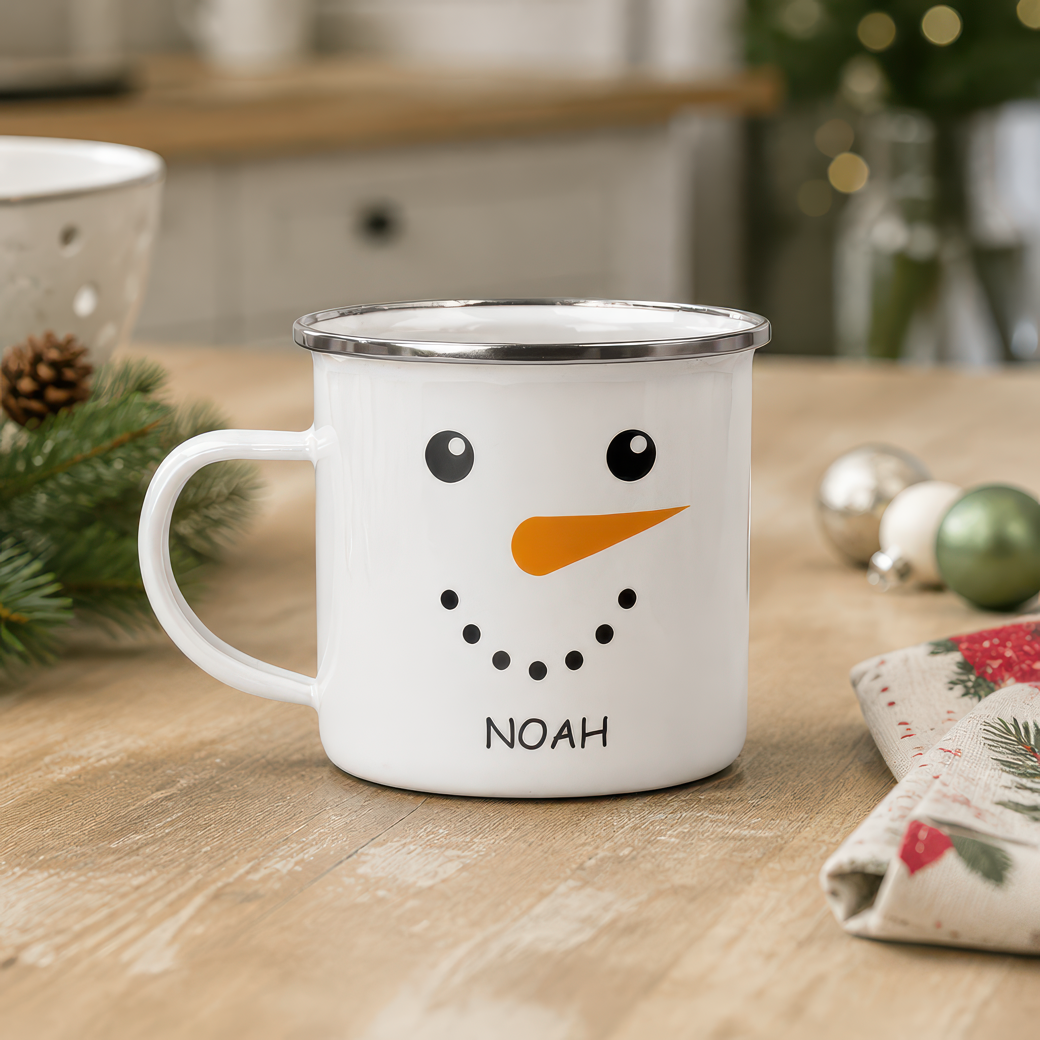 Personalised Snowman Face Enamel Mug with Name