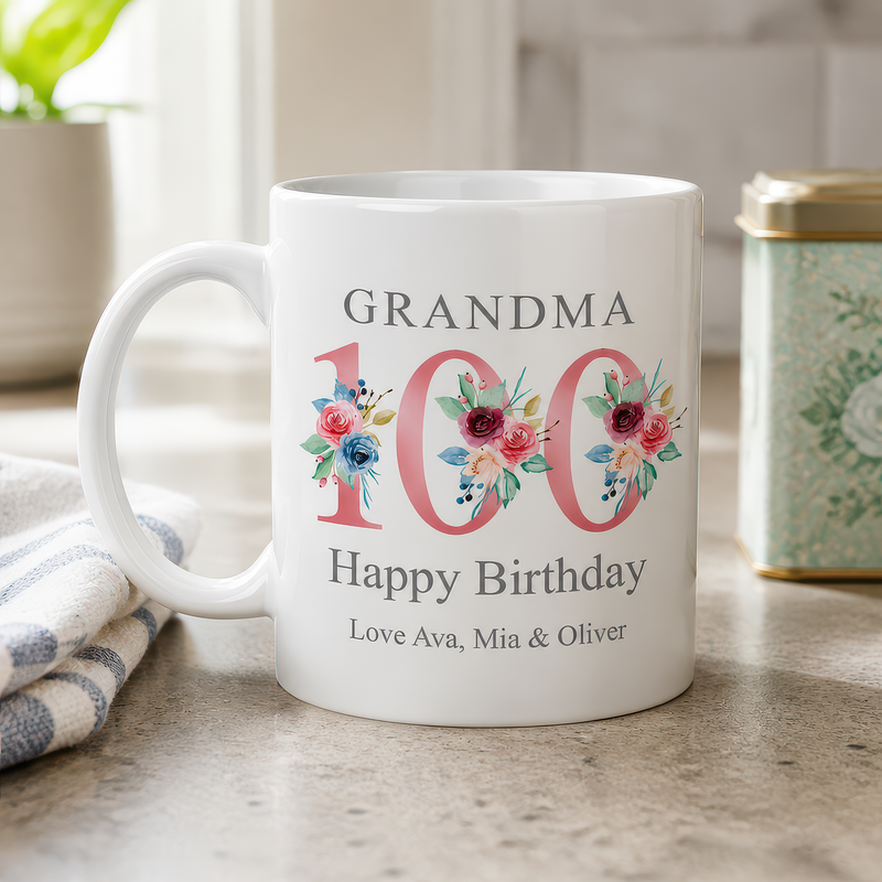 Personalised Rose Gold Floral 100th Birthday Mug
