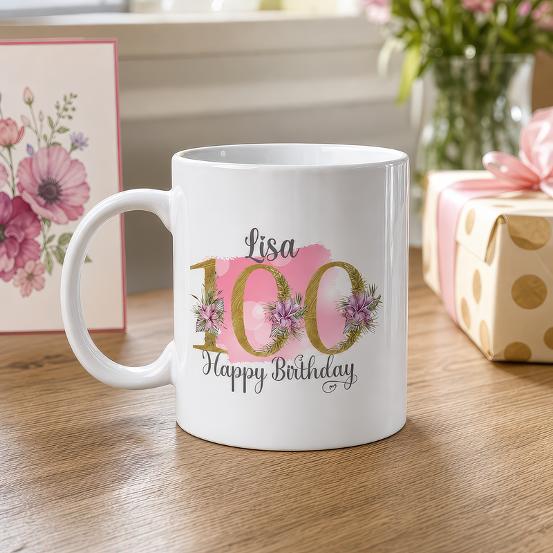 Personalised Pink Floral 100th Birthday Mug - alternative view