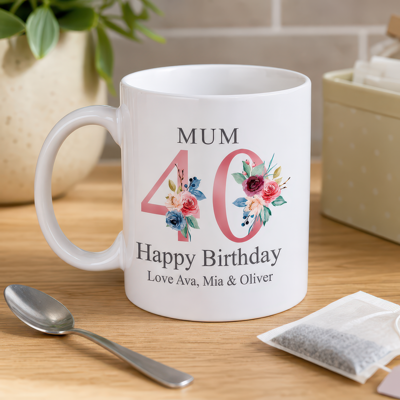 Personalised Rose Gold Floral 40th Birthday Mug - alternative view