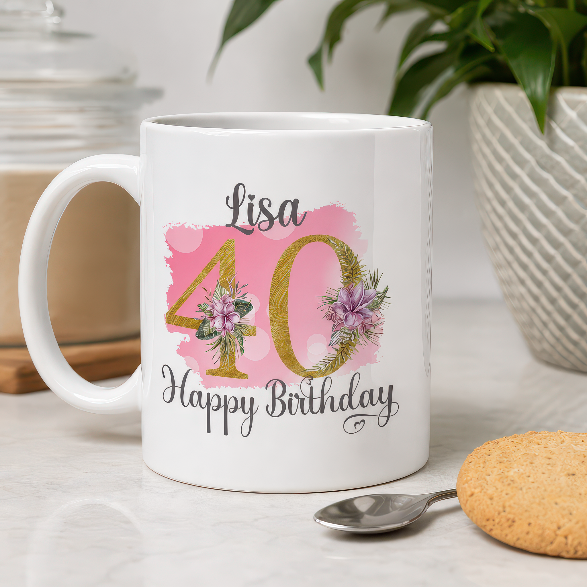 Personalised Pink Floral 40th Birthday Mug - alternative view
